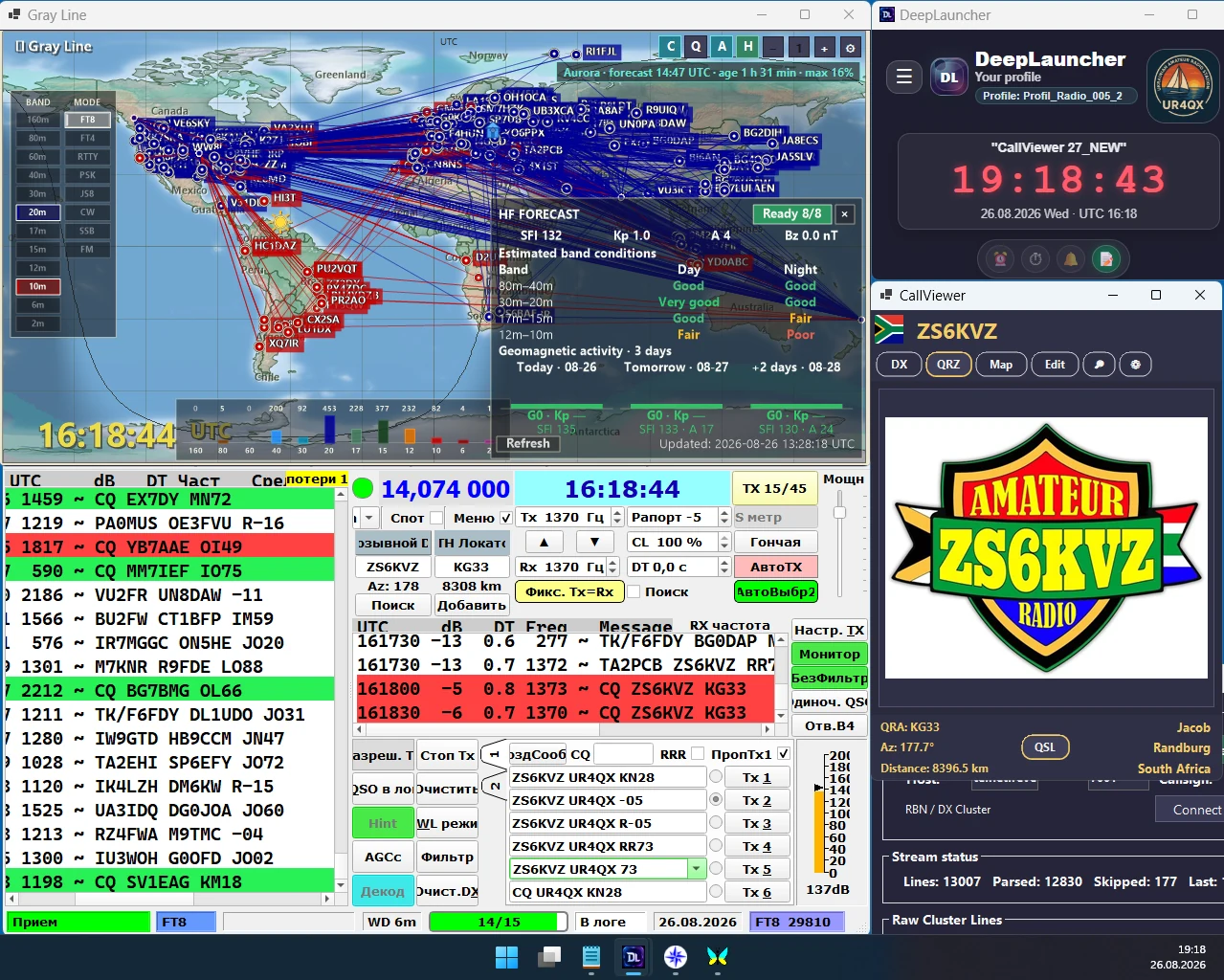 DeepLauncher HAM operating desktop with Gray Line, JTDX and CallViewer